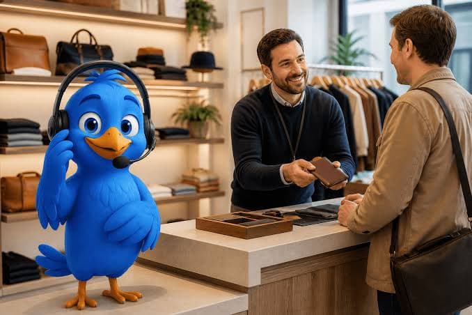ServiceBird: customer service mascot in a shop
